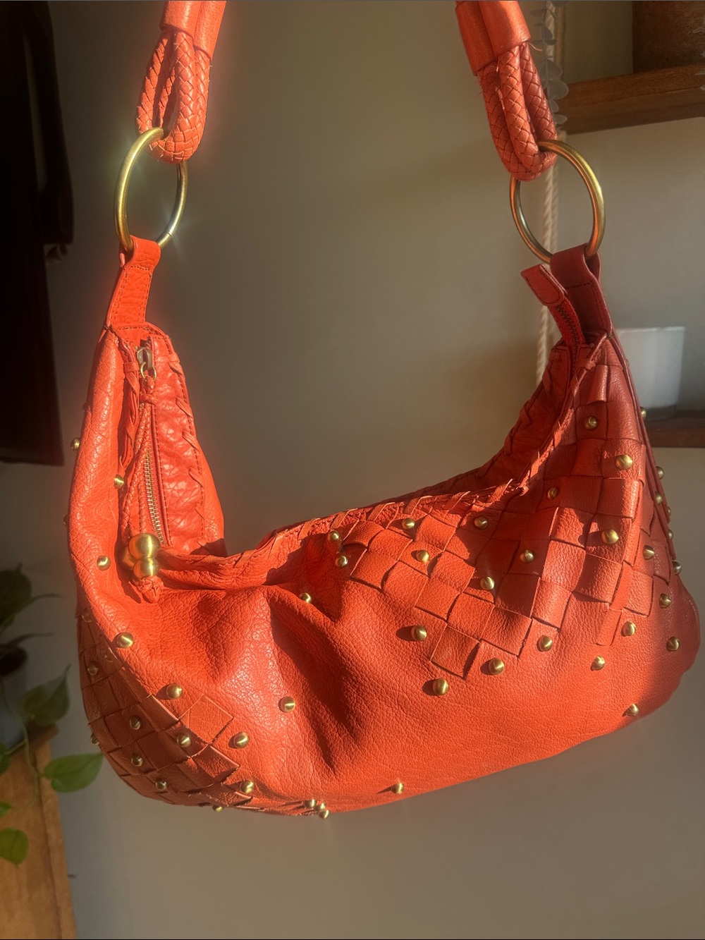 Braided Orange Studded Shoulder Bag
